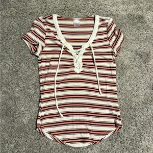 No Boundaries Striped Lace-Up Tee - Cream, Black, Brown